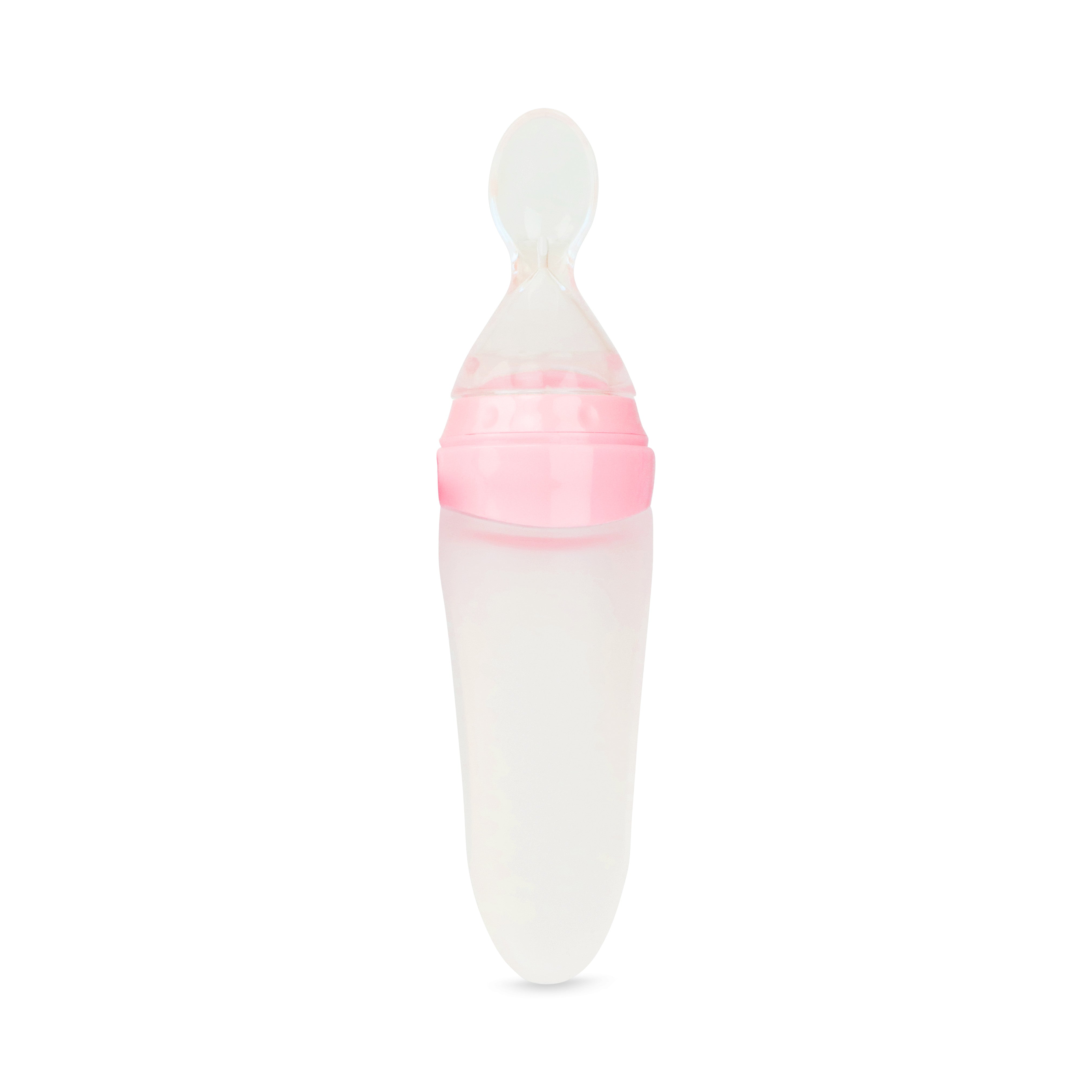 Een foto van de siliconen lepel in het roze die rechtop staat.