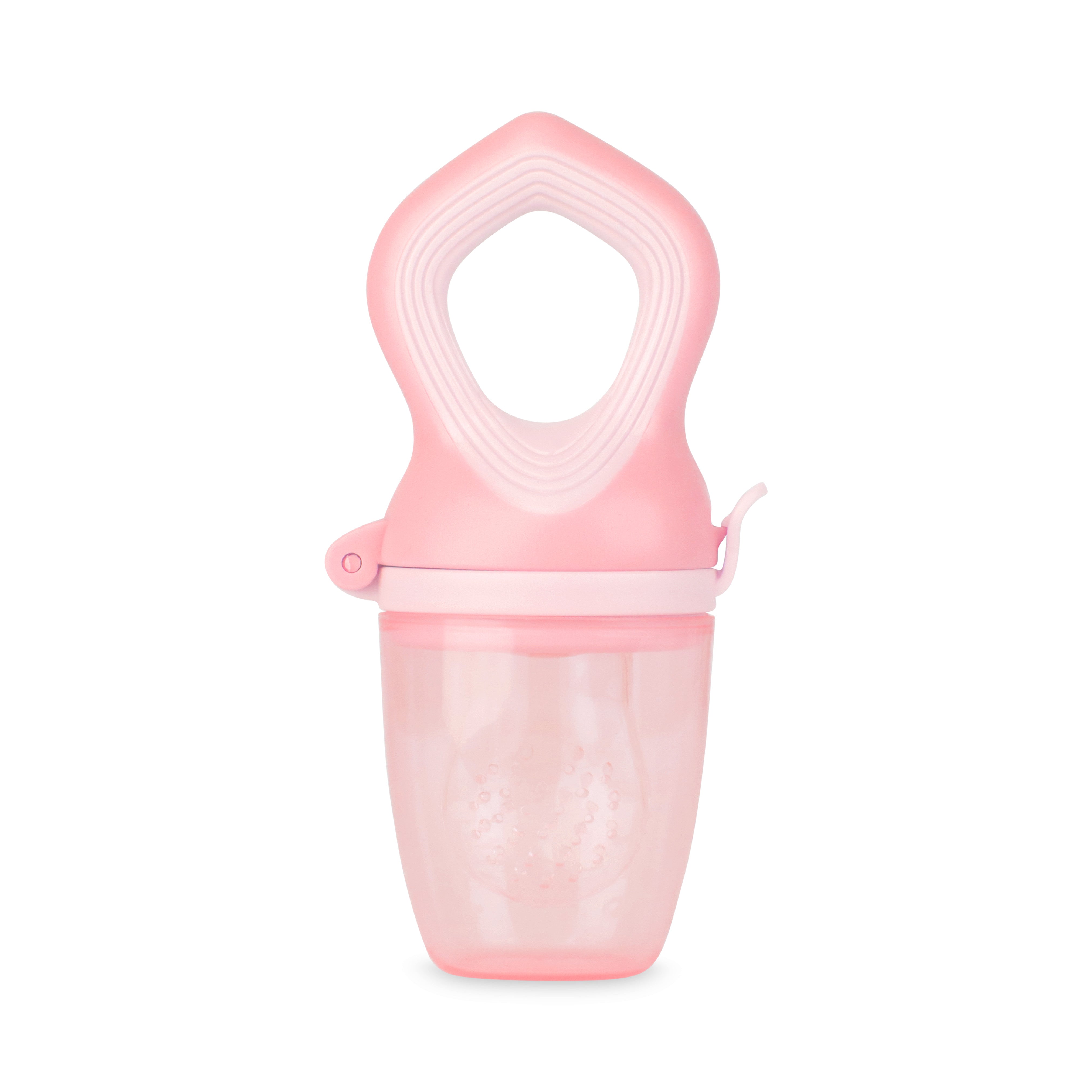 Een foto van de fruitspeen in het roze die rechtop staat met het handvat wijzend naar boven.