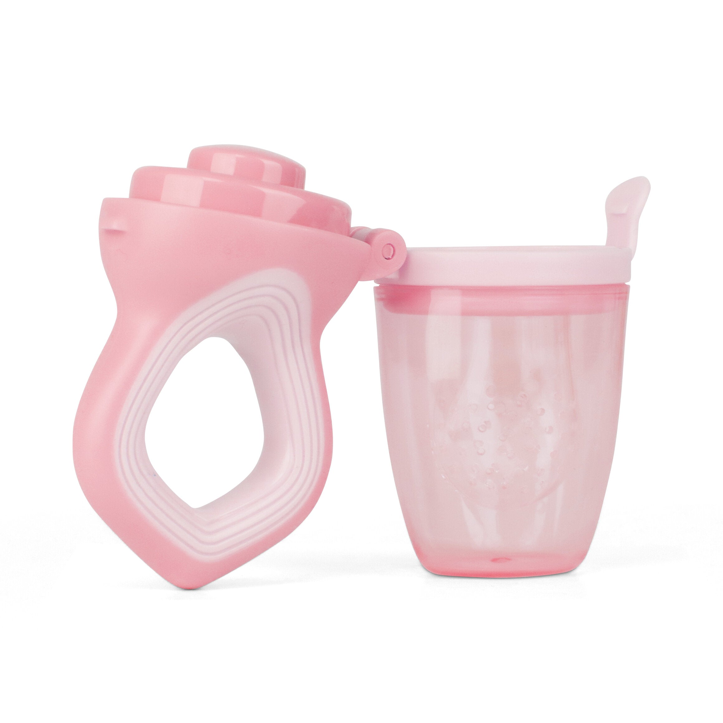 Een foto van de roze fruitspeen, deze staat recht op, opengeklapt.
