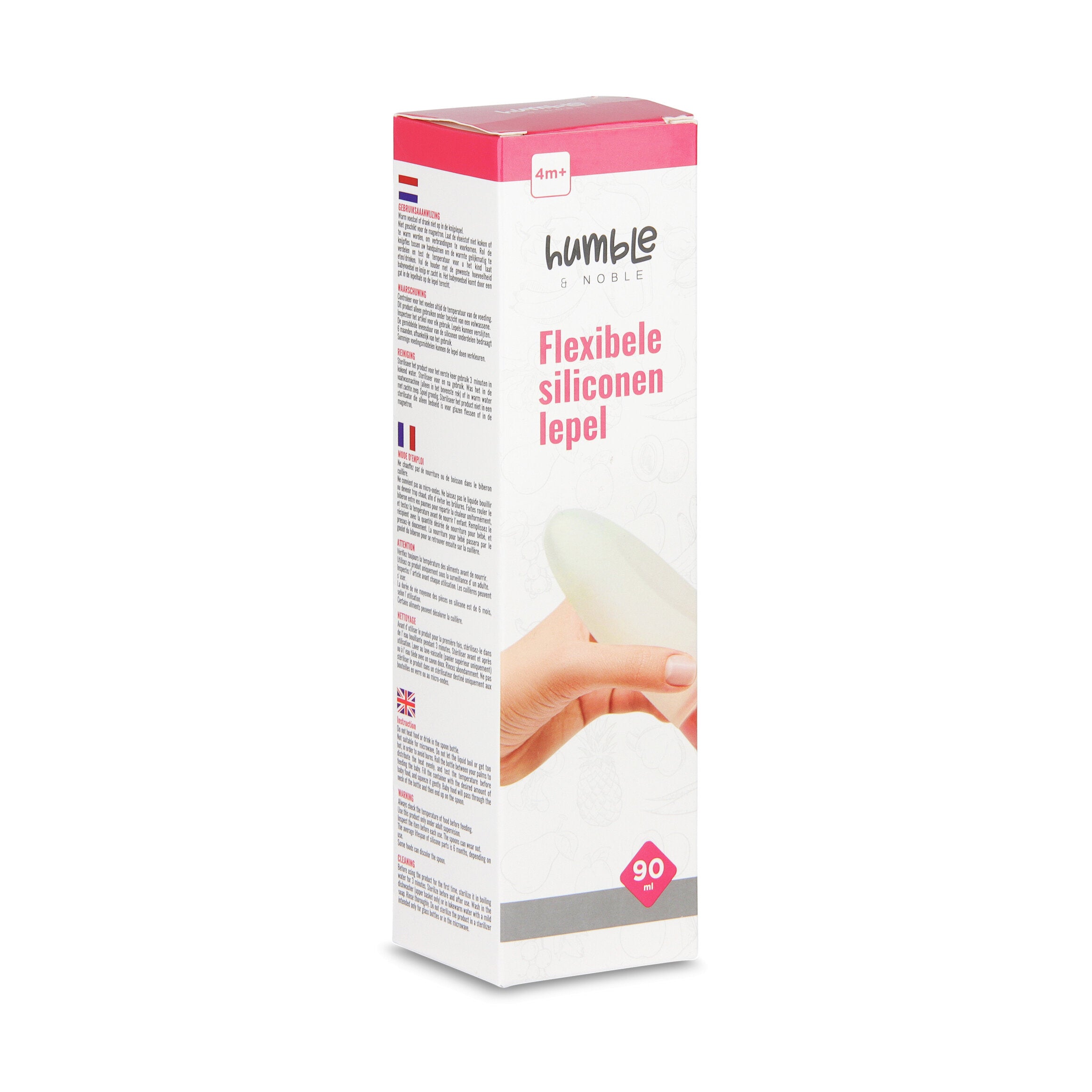Een foto van de verpakking van de enkele siliconenlepel in het roze. Op de verpakking staat te gebruiken vanaf 4 maanden, het merk Humble and Noble, Flexibele siliconen lepel, 90 ml inhoud en aan de zijkanten staat een productbeschrijving in het Nederlands, Frans en Engels.